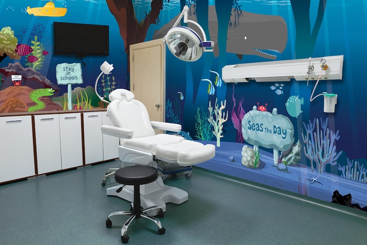 Underwater ocean kids illustration room wrap wall mural in dental exam room