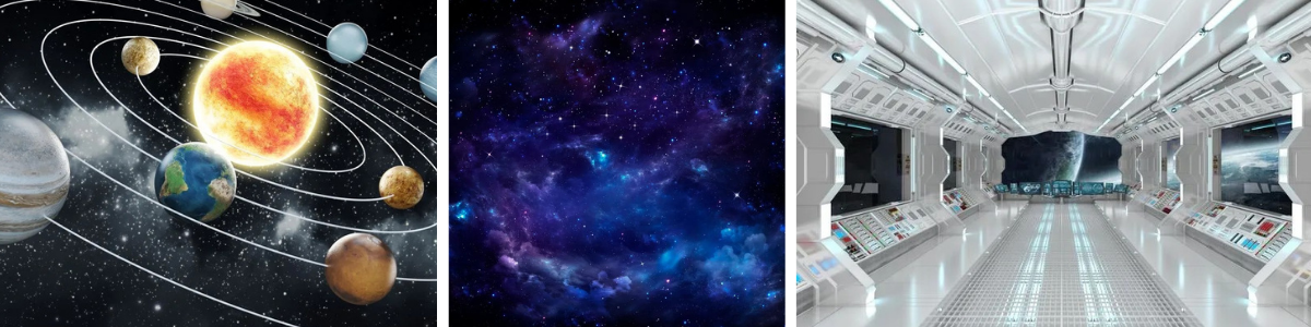 3 outer space wall murals - solar system, stars and space ship