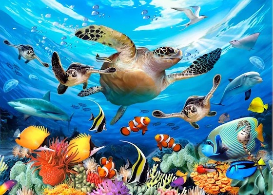 Undersea illustration of a reef with fish and sea turtles