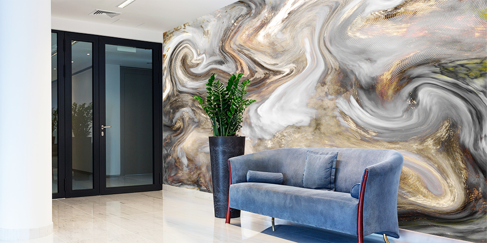 Colorful swirling marble mural in a hallway