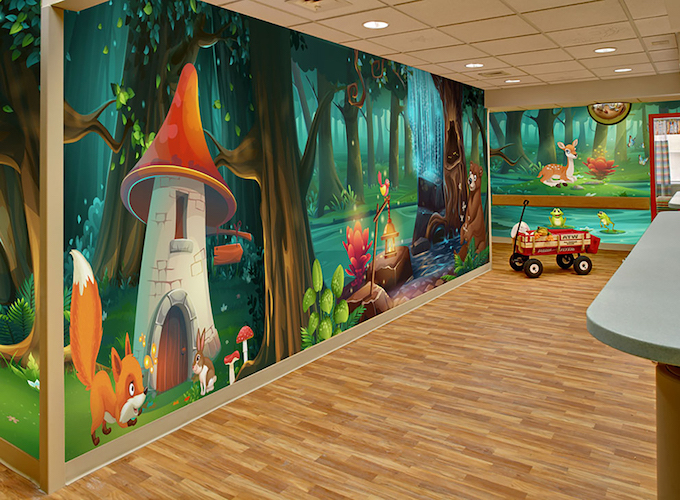 Whimsical forest animal kids illustration room wrap wall mural in medical lobby