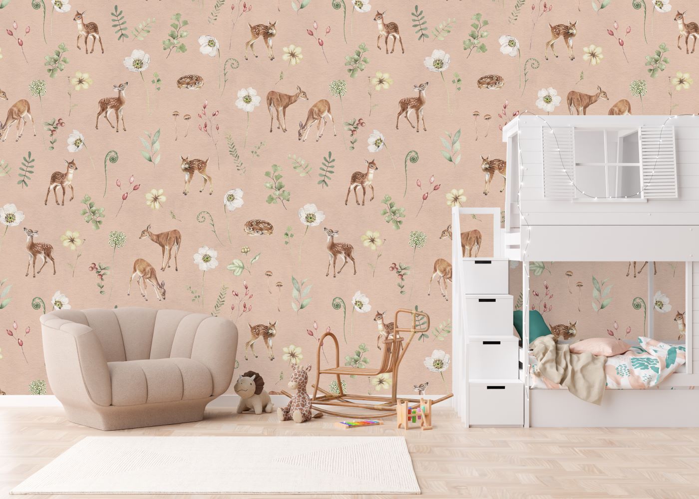 Adorable woodland create pattern wallpaper in a kids room