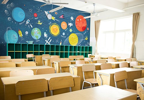 Fun Solar System Mural Wallpaper in classroom