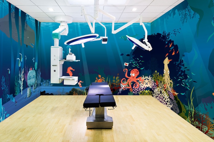 Kids underwater ocean creature illustration wall mural in medical exam room