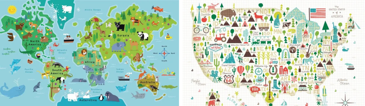 2 examples of kids map murals - animal world map and illustrated usa map
