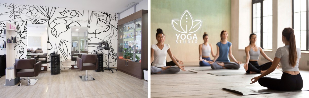 Custom wall murals in a salon and in a yoga studio
