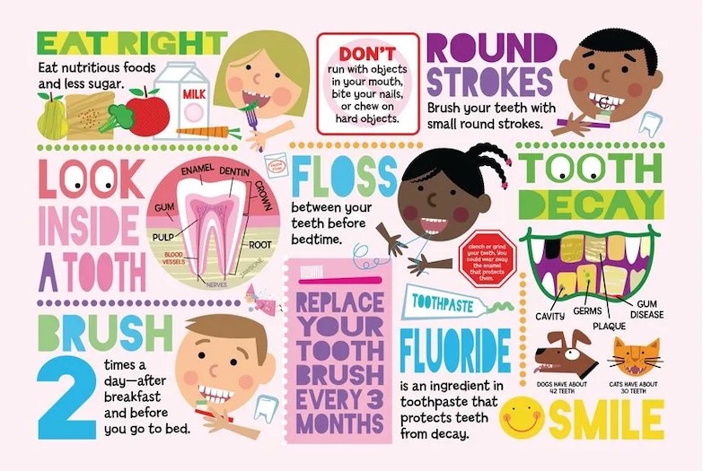 Illustration explaining all of the steps for good dental care