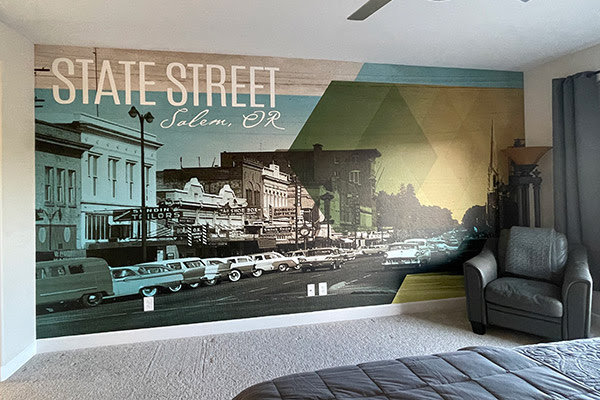 custom vintage postcard wall mural in bedroom