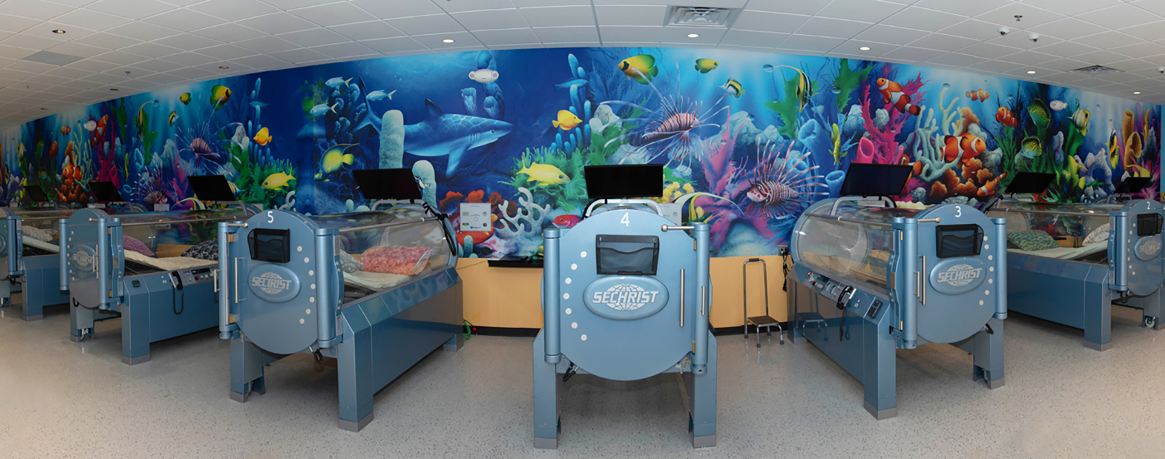 A pediatric medical exam room with panoramic coal reef ocean fish wallpaper mural