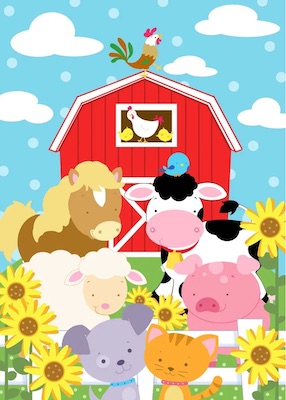 Illustration of a group of farm animals in front of a red barn