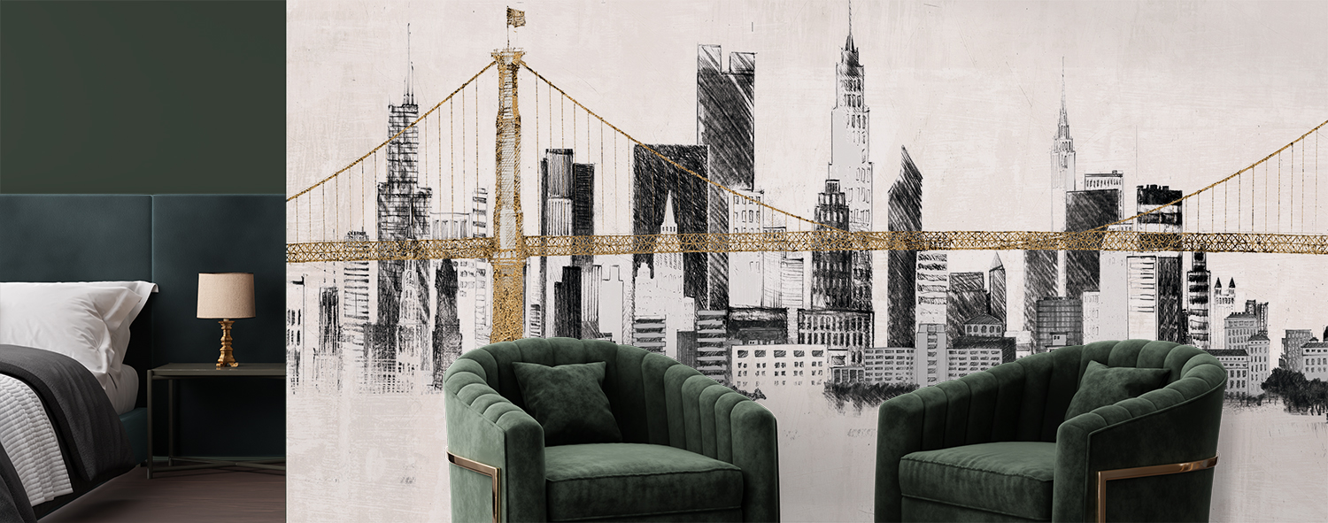 Black and white cityscape with a gold bridge in a hotel guest room