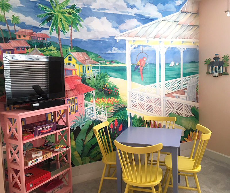 Bay caribe tropical beach house watercolor mural in game room