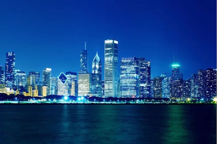 View of downtown Chicago at night with ligts all aglow