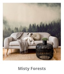 Misty Forest Mountain Mural Behind A Sofa