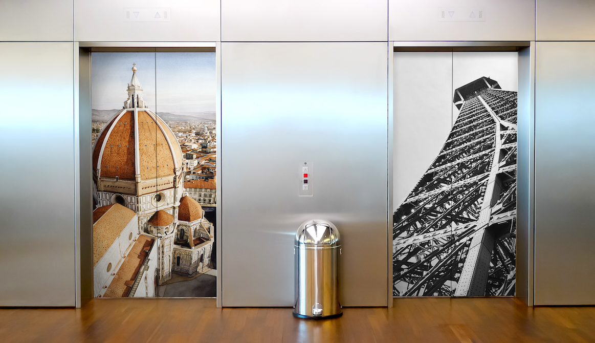 Florence italy duomo cathedral and eiffel tower murals on elevator doors