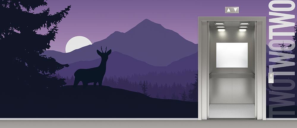 Moon Rising Over Mountain With Deer And Pine Tree In Purple Ombre Surrounding An Elevator On 2nd Floor