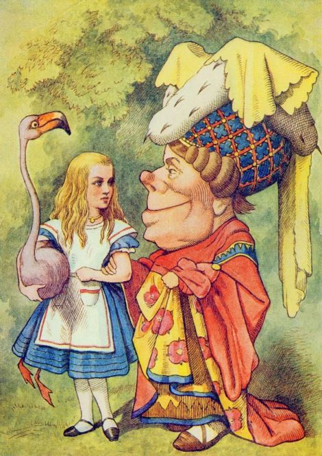 Drawing of Alice in wonderland holding a flamingo with the Queen