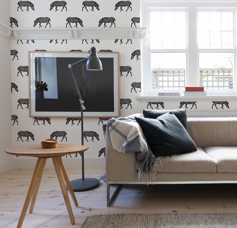 zebra pattern mural in living room