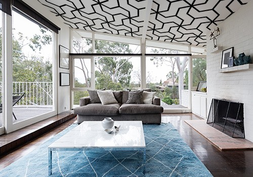 Black and White Geometric Pattern Wallpaper on living room ceiling