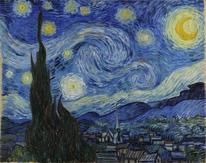 Famous painting of Monets with stars over a small village