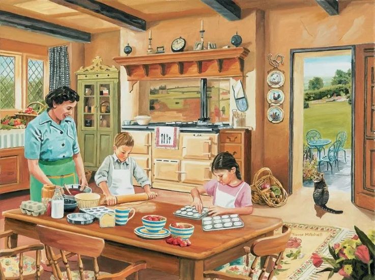 A classic setting of two children baking cookies with their mom in a vintage kitchen