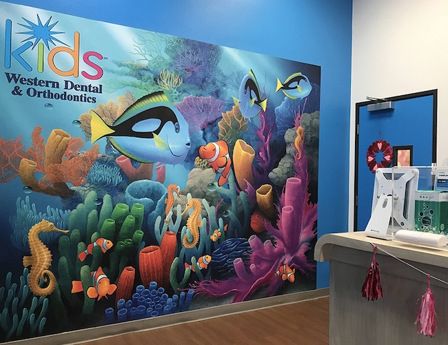 Coral reef mural with custom logo orthodontist lobby wall mural