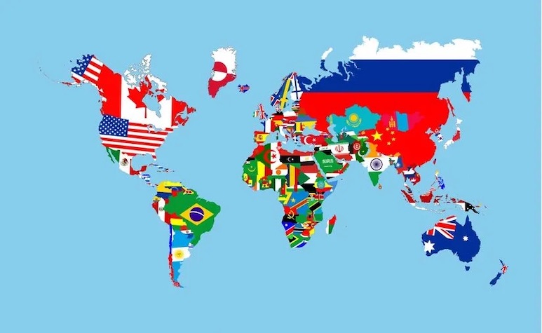 World map where each country is represented by its flag