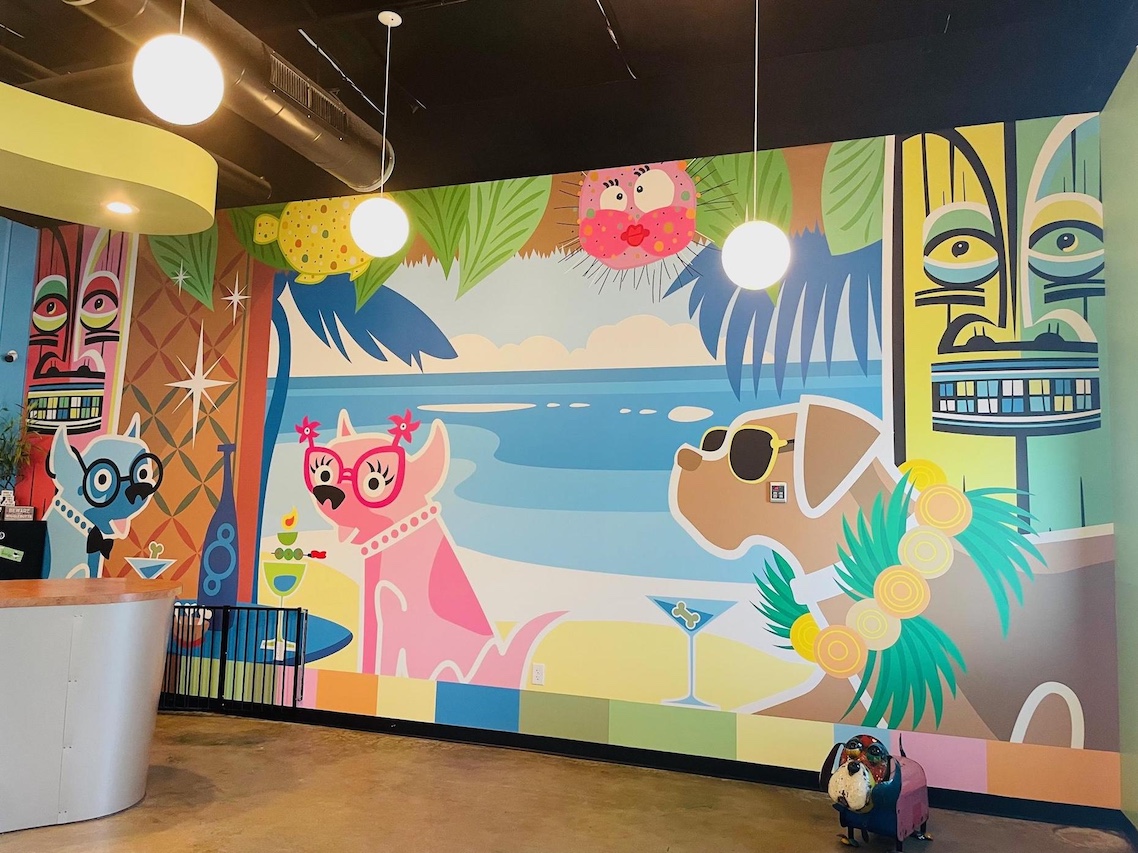 custom mural in dog boarding