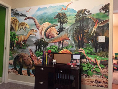 Dinosaur Filled Wall Mural In Boys Room