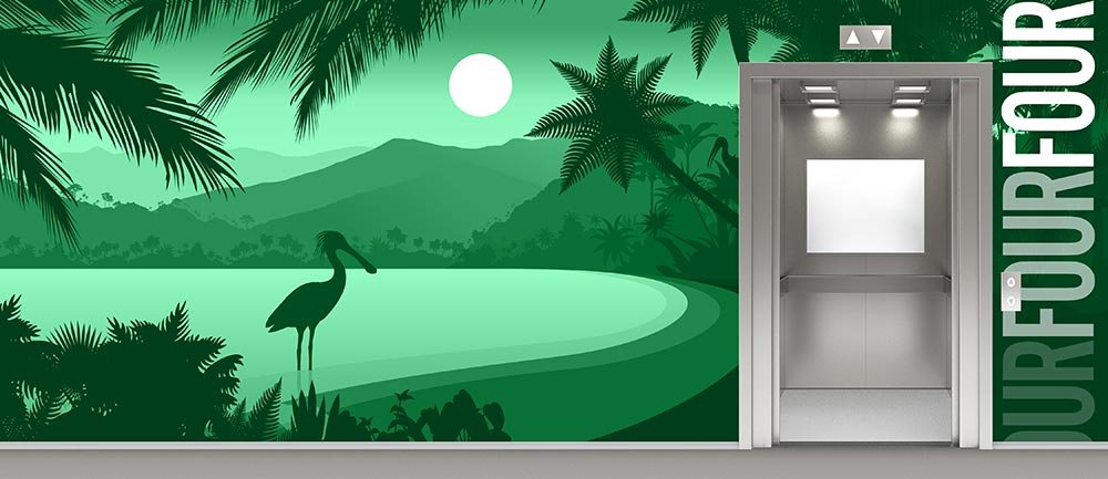 Tropical Beach With Mountains And Palm Trees And A Bird In Green Ombre Surrounding An Elevator On 4th Floor