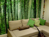 Misty Pine Tree Forest Wall Mural In A lIving Room