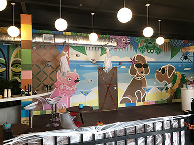 custom wallpaper mural in dog daycare, boarding and grooming facility