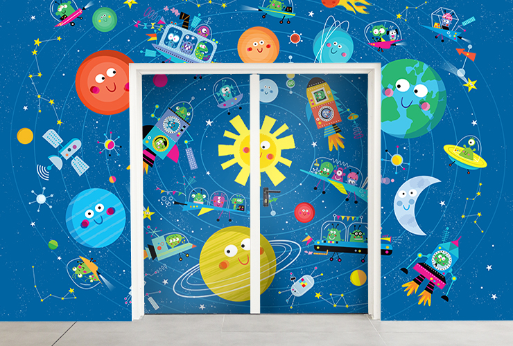 Aliens solar system cartoon illustrated kids wallpaper mural on a doorway wall