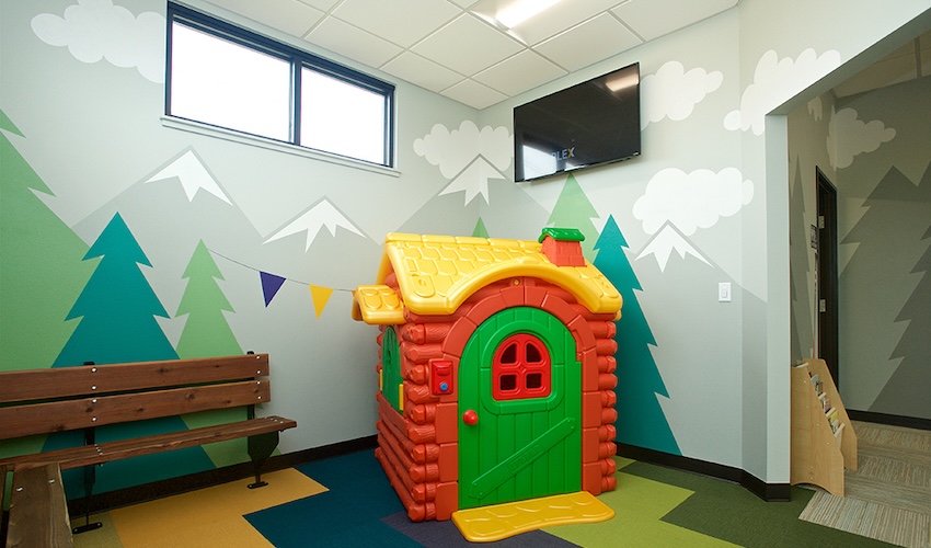 Pediatric dental playroom custom mountain wallpaper