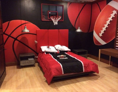 Enlarged Basketballs And Footballs Wall Mural In Sports Themed Bedroom