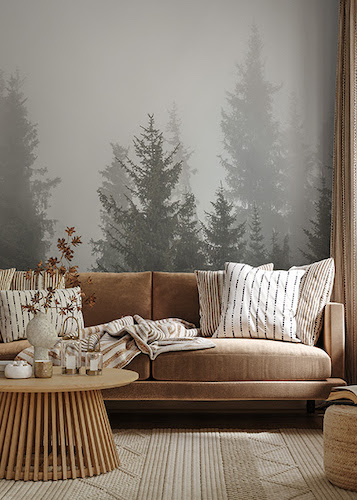Foggy forest mural in a cozy living room