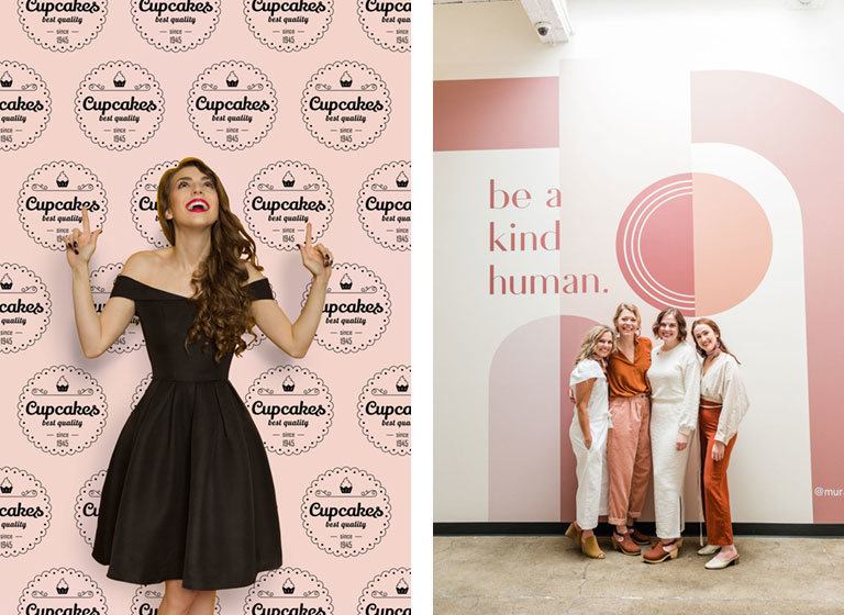 photos of women in front of branded wallpaper murals at events