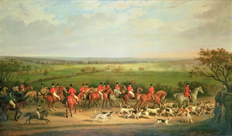 Queen Victoria fox hunting with group of riders and dogs