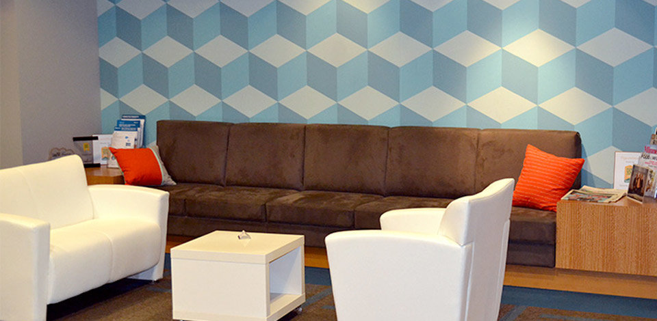 3D Geometric Blue Box Wall Mural In Office Reception Area