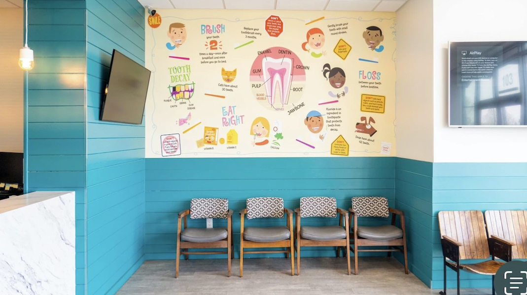 Pediatric dentist lobby with kids dental health infographic illustration wall mural