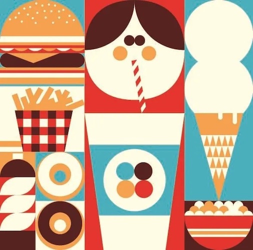 Illustrated collage with  fun foods like hamburgers fries ice cream in a vintage style