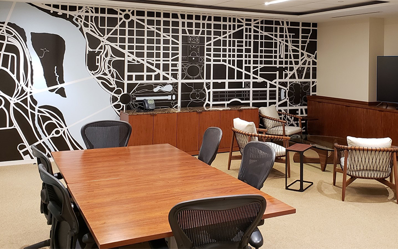 Black and white map of Washington DC in a conference room