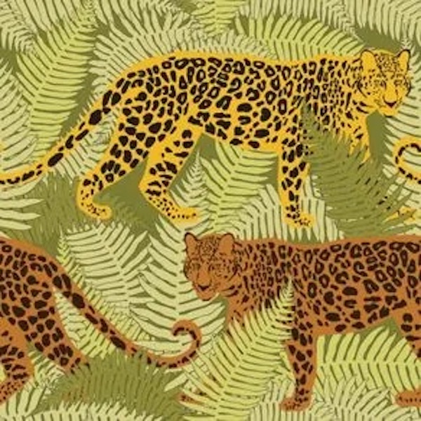 Repeating pattern of leopards and fern leaves