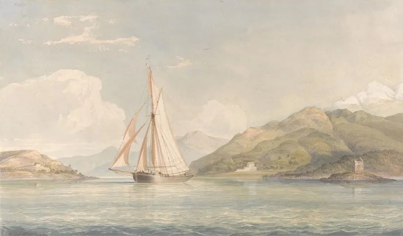 Vintage watercolor of a large sailboat in a tranquil English bay