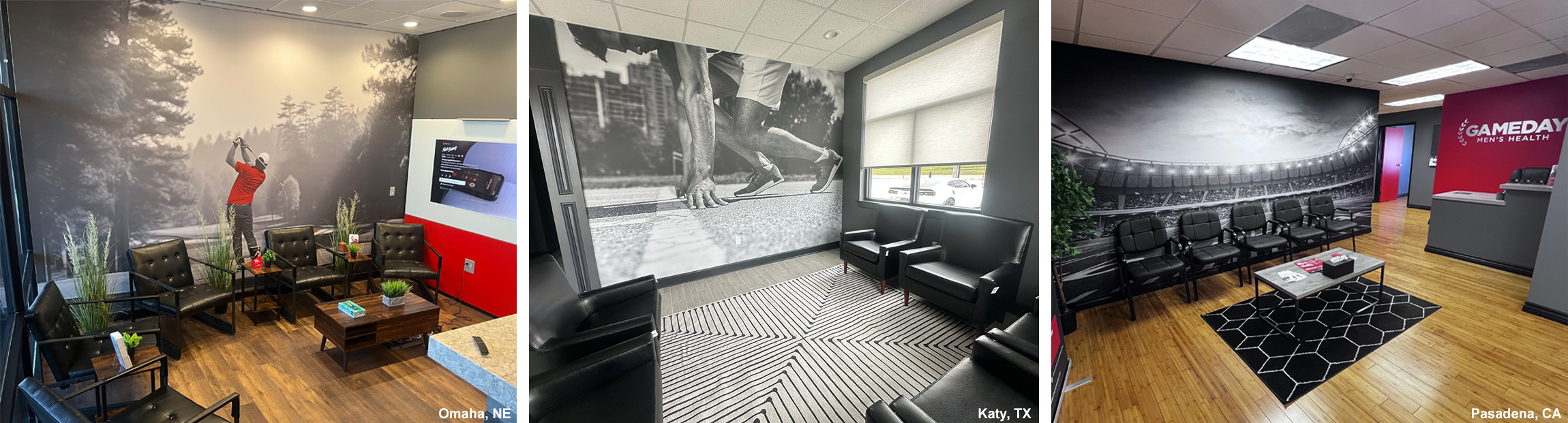 Examples of wall murals installed in Gameday Mens Health locations