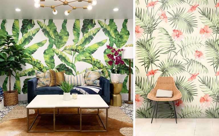 tropical leaf pattern murals in homes