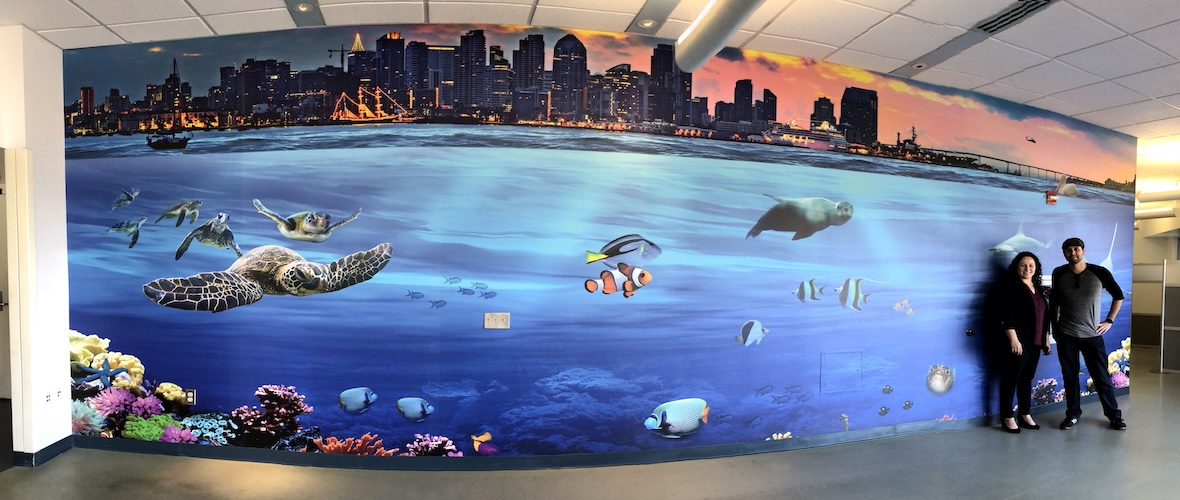 City skyline with underwater ocean view custom wall mural in hospital hallway