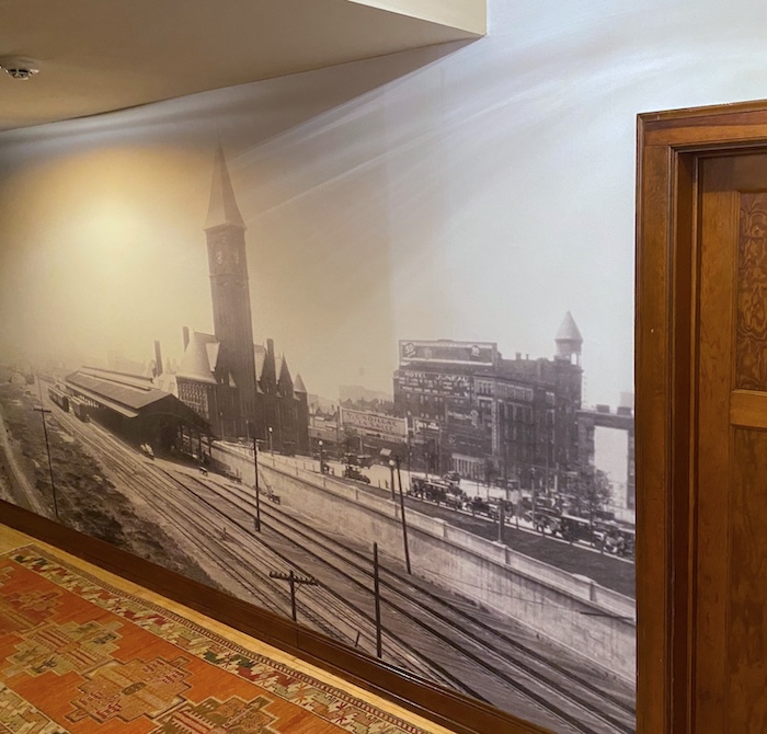 Hallway with historic train yard buildings vintage photo wall mural