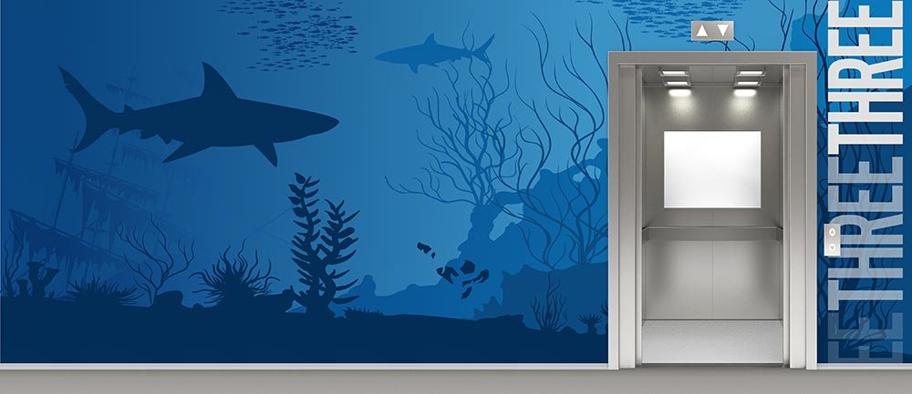 Undersea Coral Reef With Fish And Sharks In Blue Ombre Surrounding An Elevator On 3rd Floor