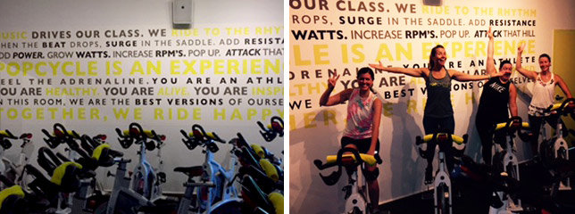Two Photos Showing The Final Installation Of Word Cloud Mural Behind Stationary Bikes